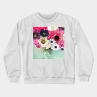 WHITE PINK ROSES ,ANEMONE FLOWERS ,TEAL AQUA BLUE FLORAL Crewneck Sweatshirt